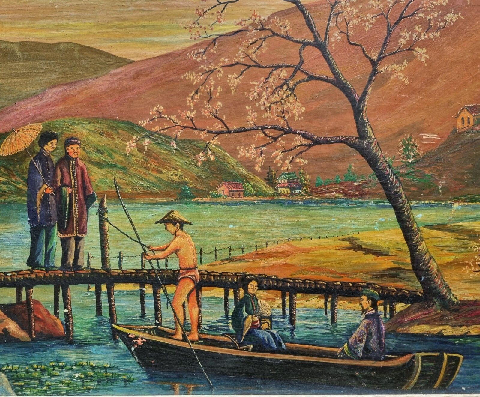 Art Vintage Framed Oil Painting Asian Oriental Landscape Scene Boat Figures photo
