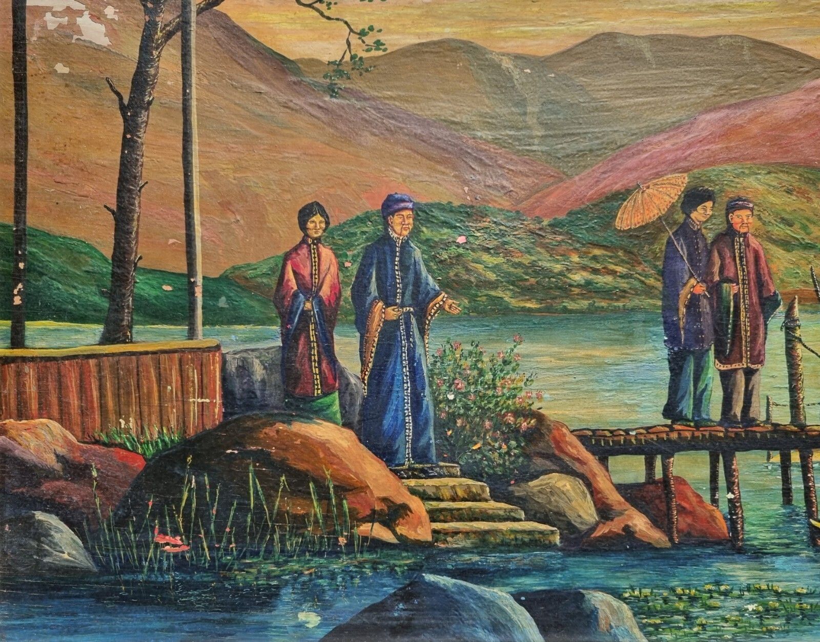 60.0 Vintage Framed Oil Painting Asian Oriental Landscape Scene Boat Figures photo