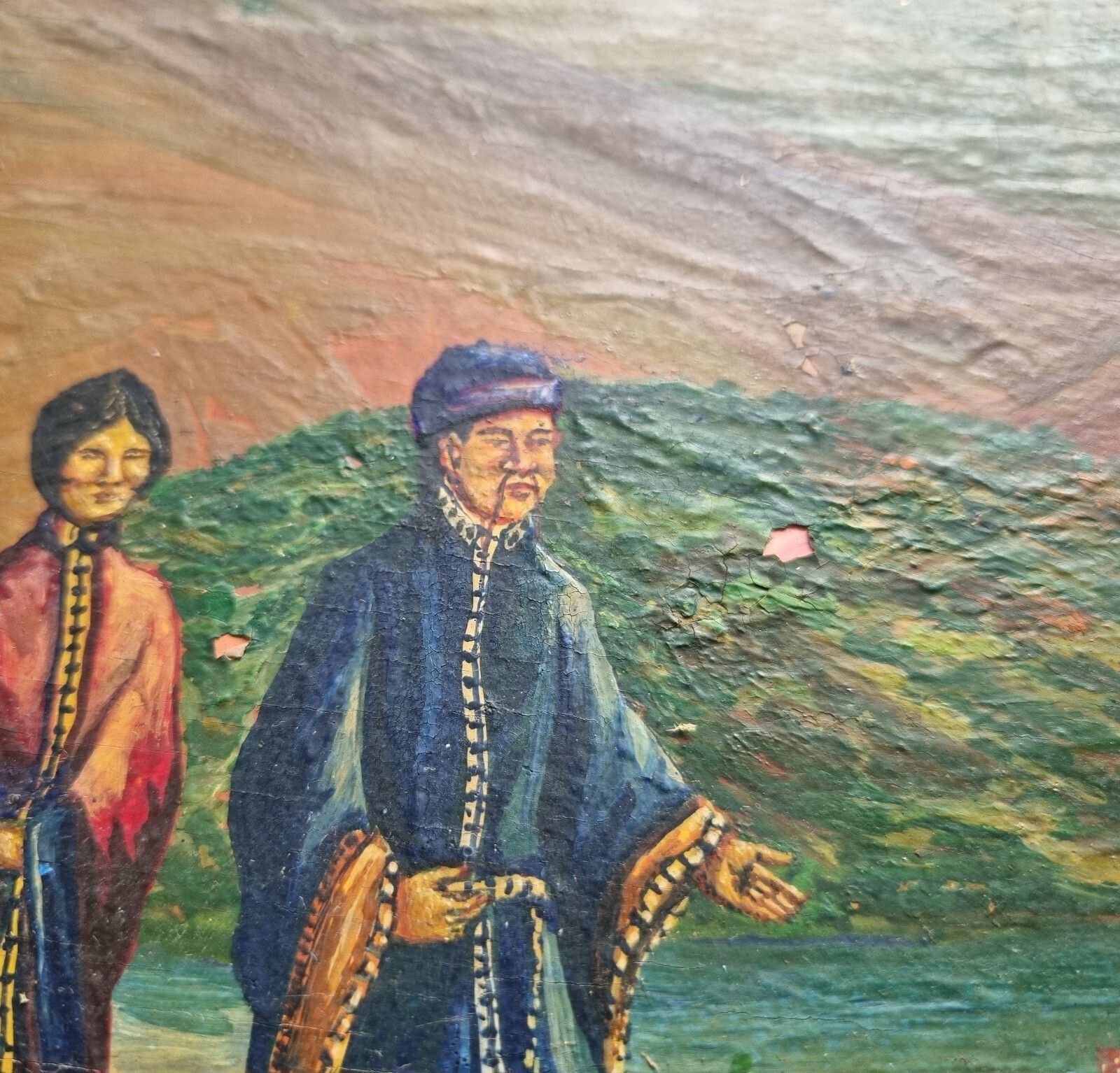 photo buy Vintage Framed Oil Painting Asian Oriental Landscape Scene Boat Figures