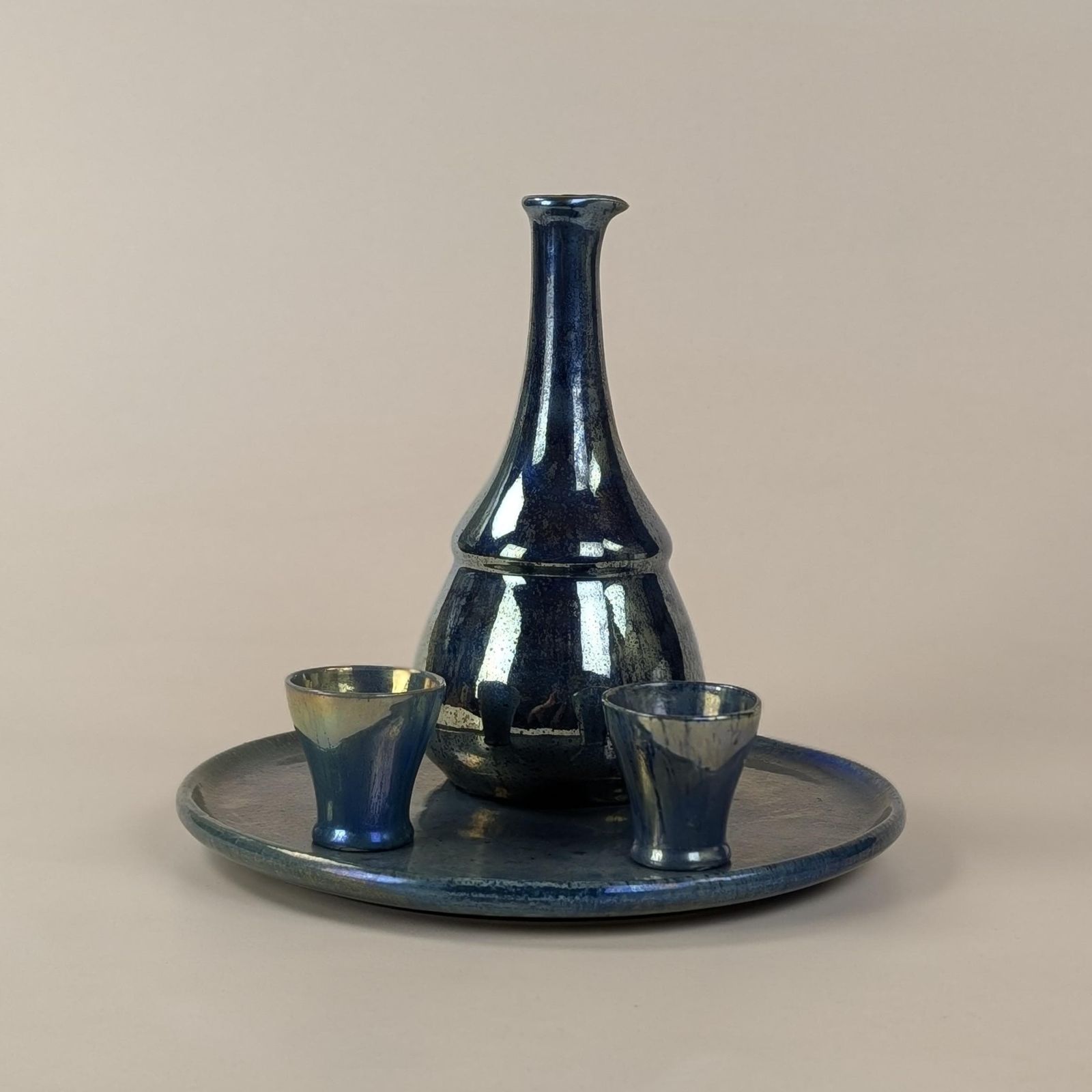 Liqueur Set, Flamed Stoneware Rambervillers Alphonse Cytere Blue Luster Ceramic Carafe Cups Tray Art Deco photo buy