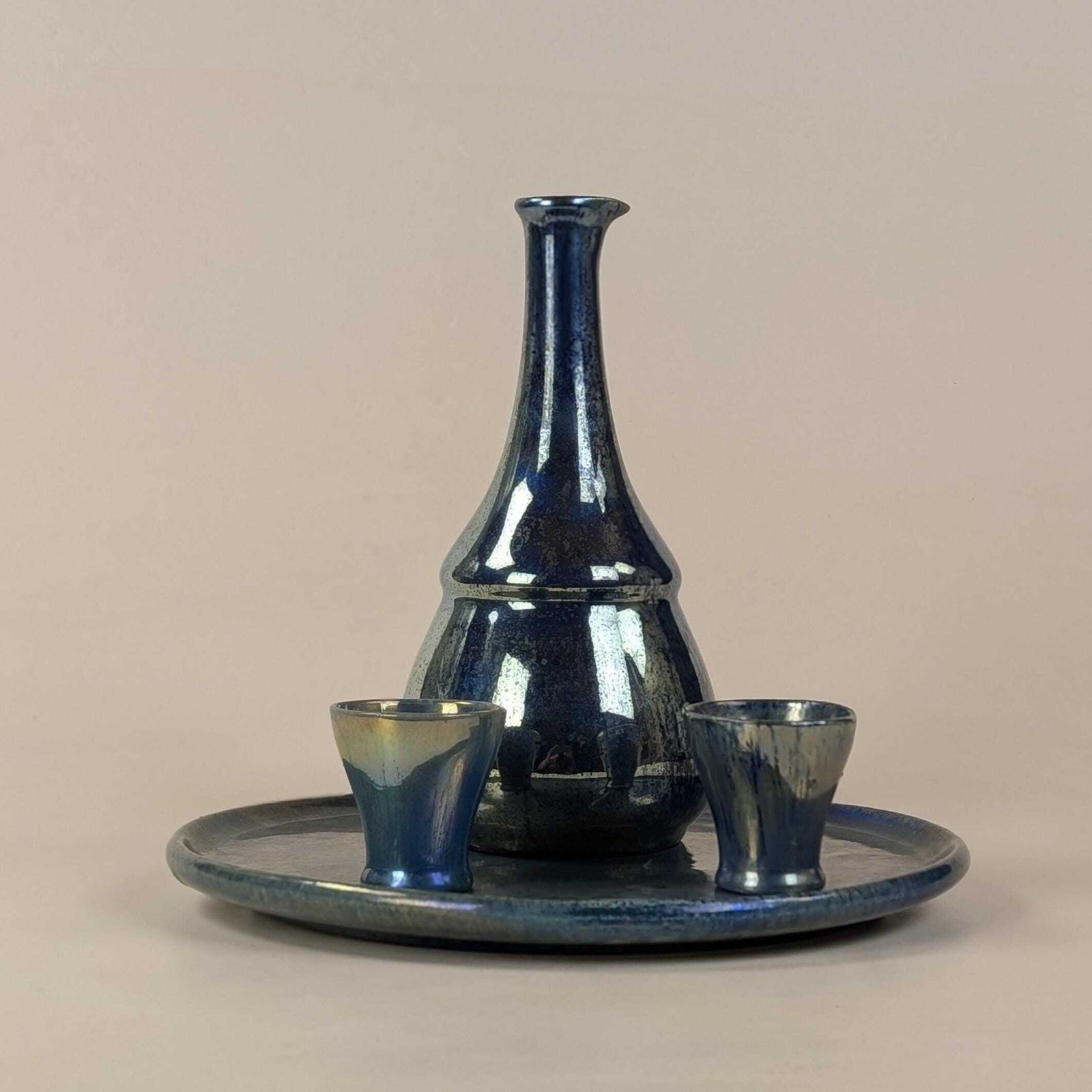photo vintage Liqueur Set, Flamed Stoneware Rambervillers Alphonse Cytere Blue Luster Ceramic Carafe Cups Tray Art Deco