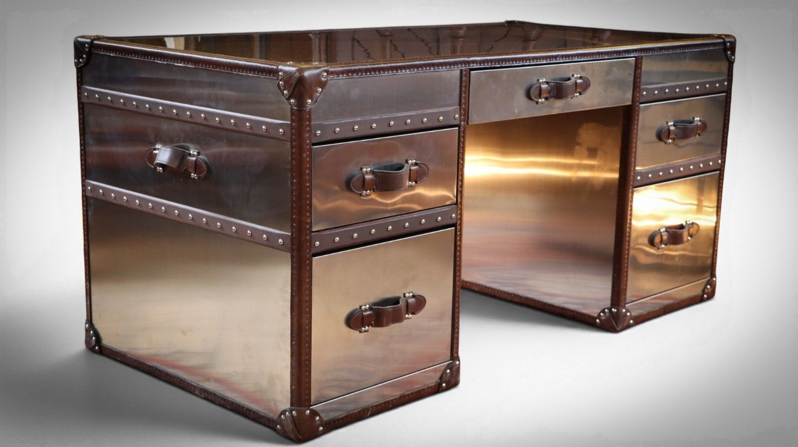 Timothy Oulton Stoneyhurst Mayfair Leather Desk Brushed Steel Vintage Cigar 🚚