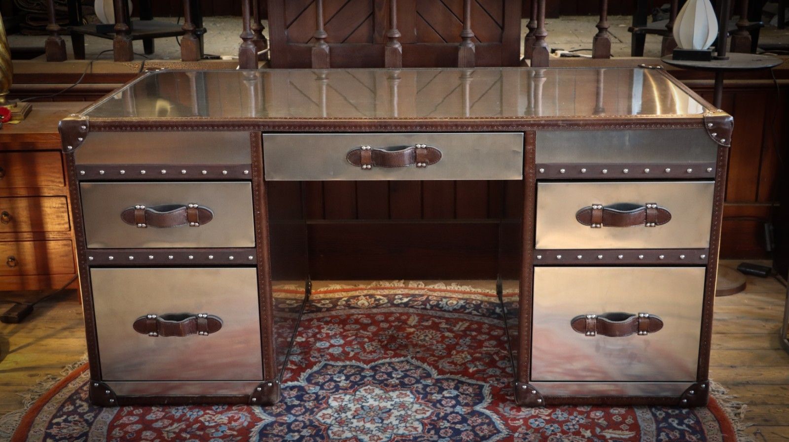 Timothy Oulton Stoneyhurst Mayfair Leather Desk Brushed Steel Vintage Cigar 🚚 photo 2599.0