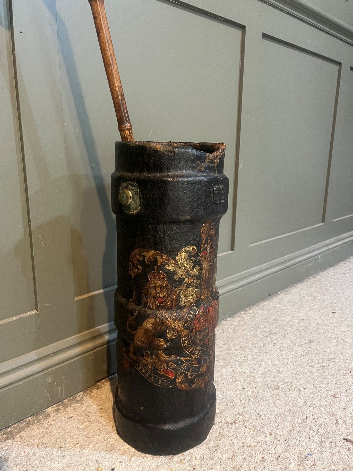 Antique Stick/Umbrella Stand Leather Cordite Shell Case W Royal Insignia photo 295.0