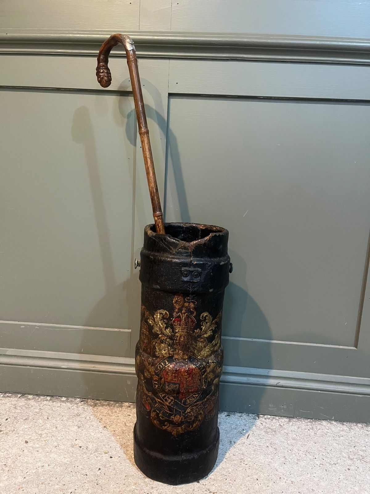 Antique Stick/Umbrella Stand Leather Cordite Shell Case W Royal Insignia photo vintage