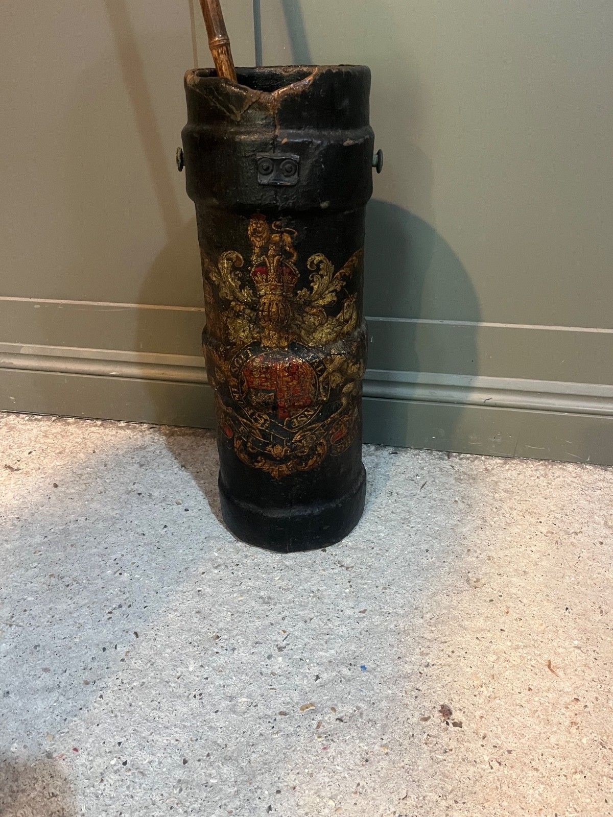 photo for sale Antique Stick/Umbrella Stand Leather Cordite Shell Case W Royal Insignia