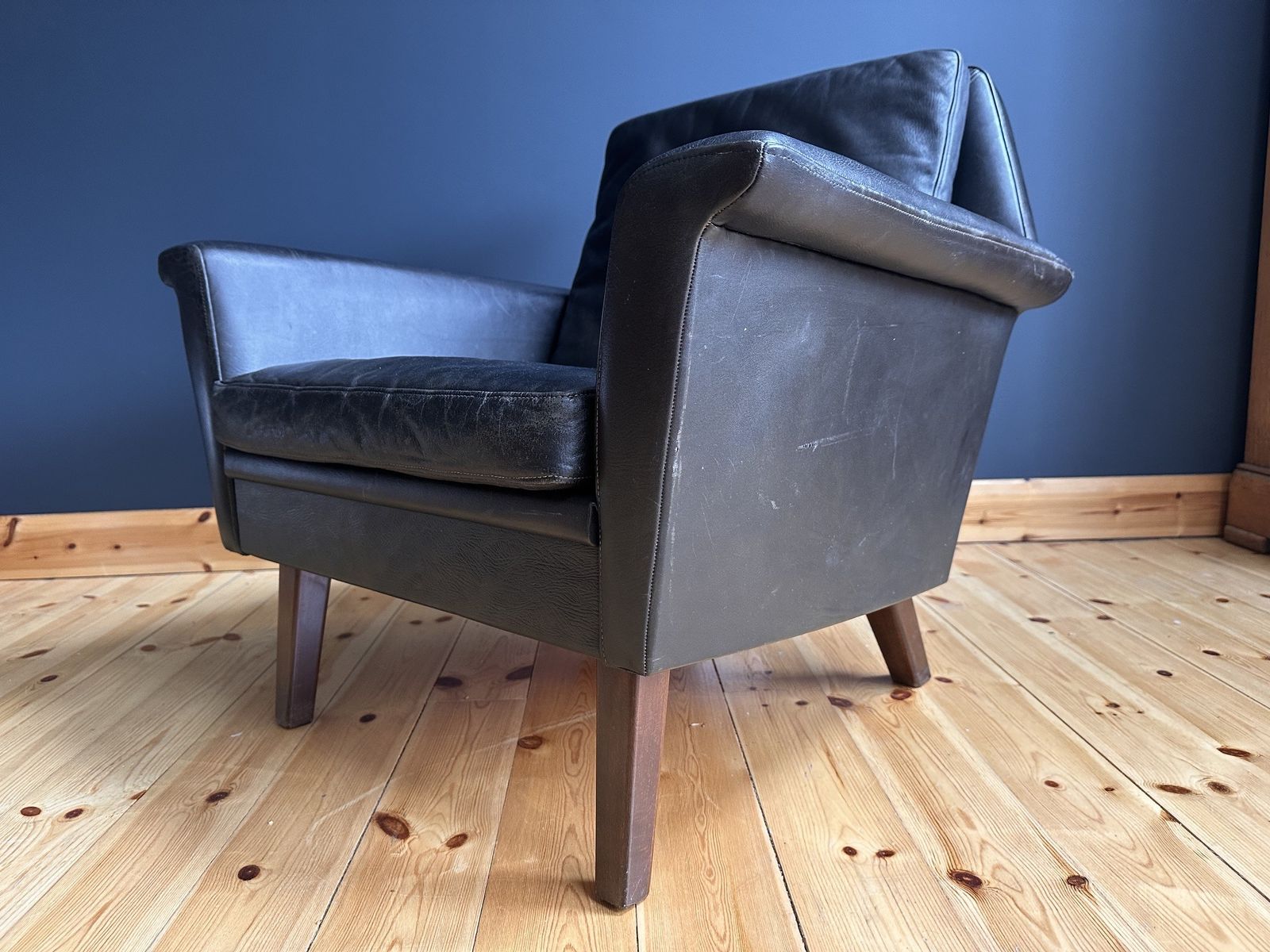 Mid Century Danish Lounge Armchair In Black Leather