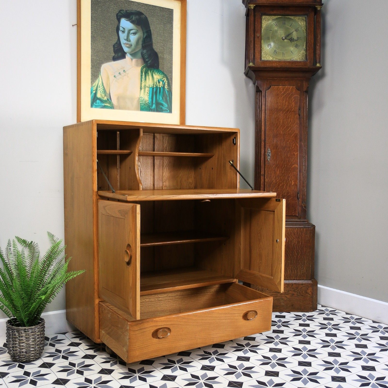 photo for sale Ercol Windsor Blonde Drinks Cocktail Cabinet Bureau In Elm Model 469