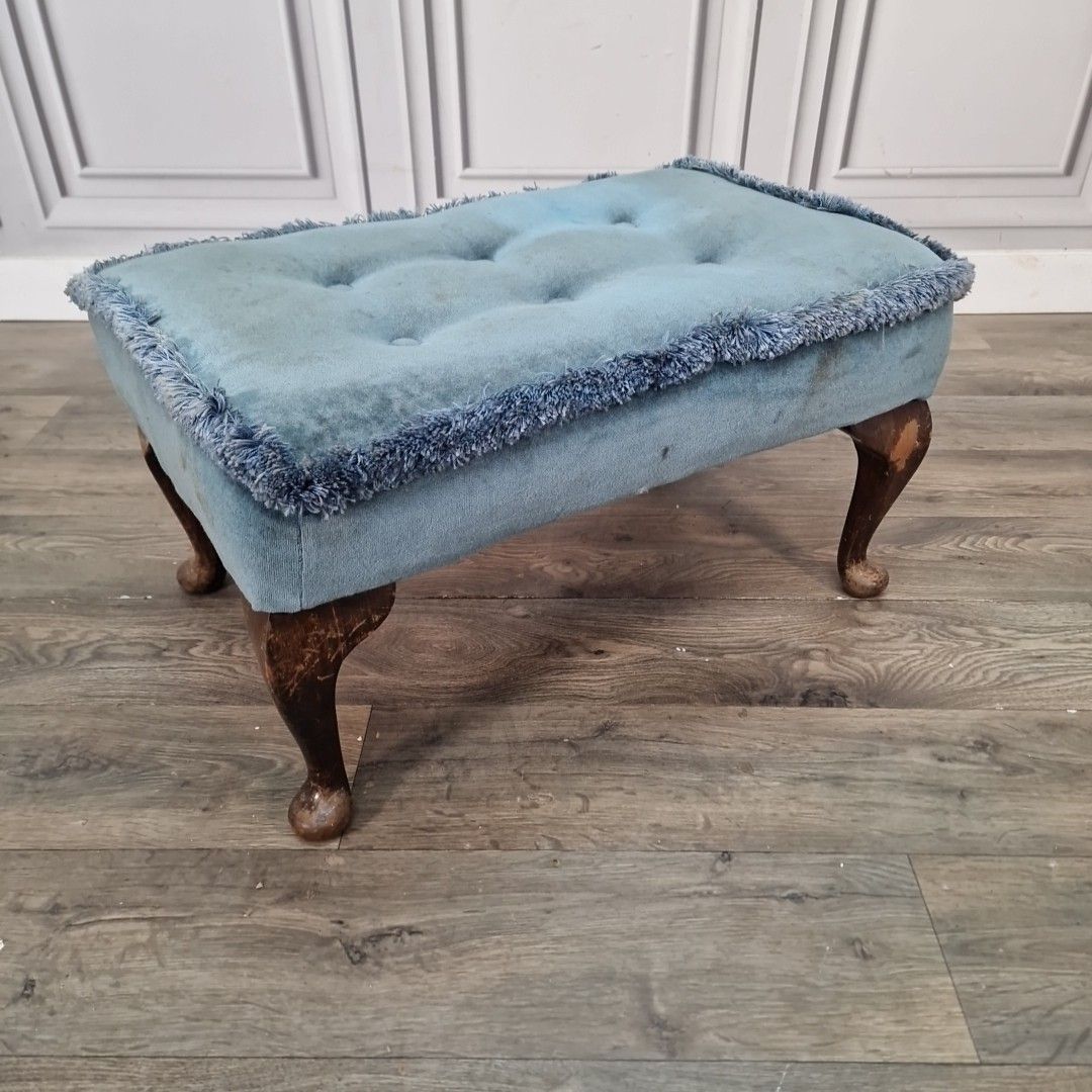 Vintage Upholstered Foot Stool Blue Tufted Bench Queen Anne Style Footstool Rest
