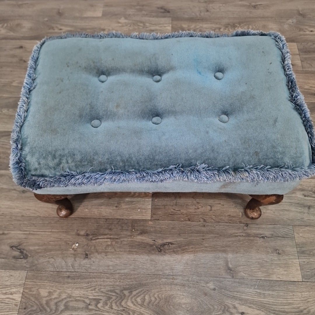 Vintage Upholstered Foot Stool Blue Tufted Bench Queen Anne Style Footstool Rest photo 52.0