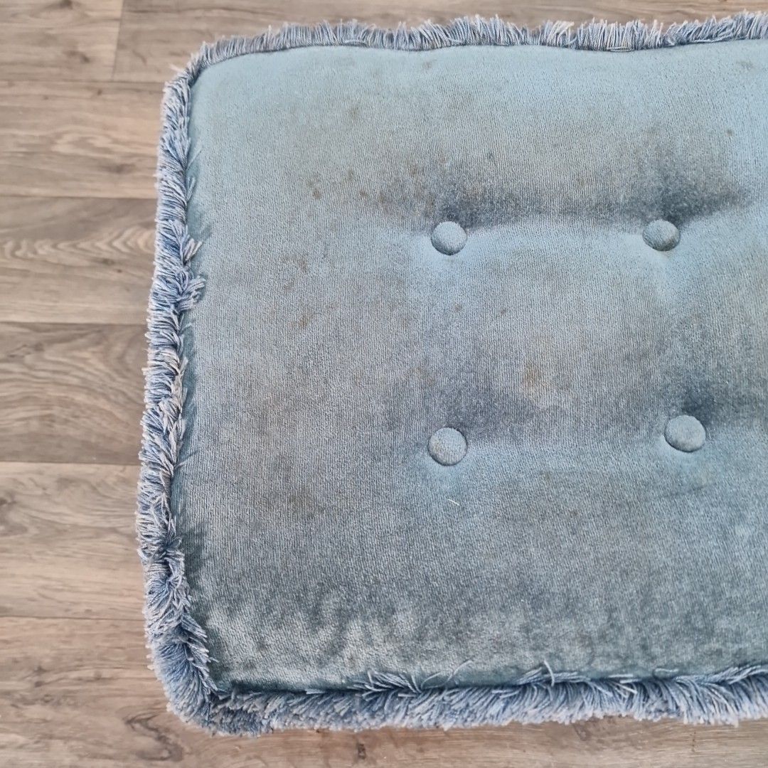 Vintage Upholstered Foot Stool Blue Tufted Bench Queen Anne Style Footstool Rest photo vinterior