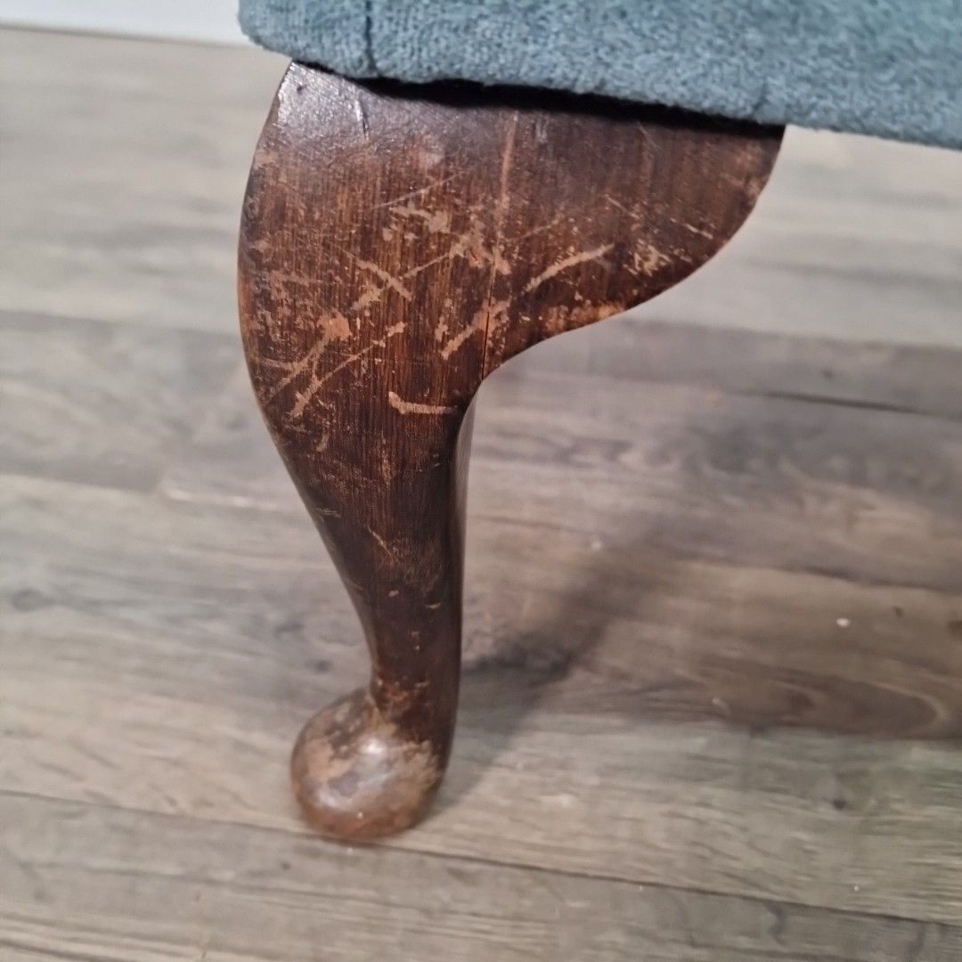 Furniture Vintage Upholstered Foot Stool Blue Tufted Bench Queen Anne Style Footstool Rest photo