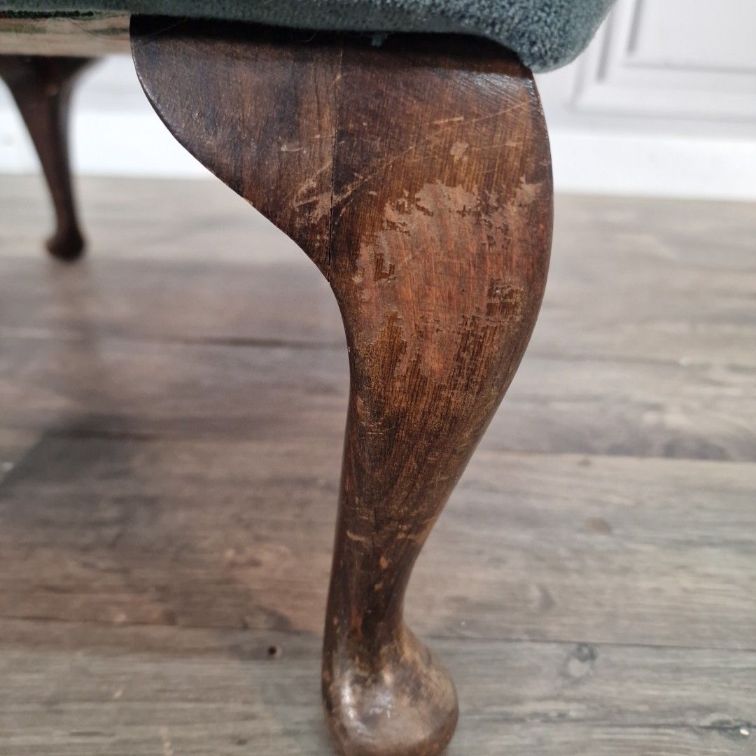 photo buy Vintage Upholstered Foot Stool Blue Tufted Bench Queen Anne Style Footstool Rest