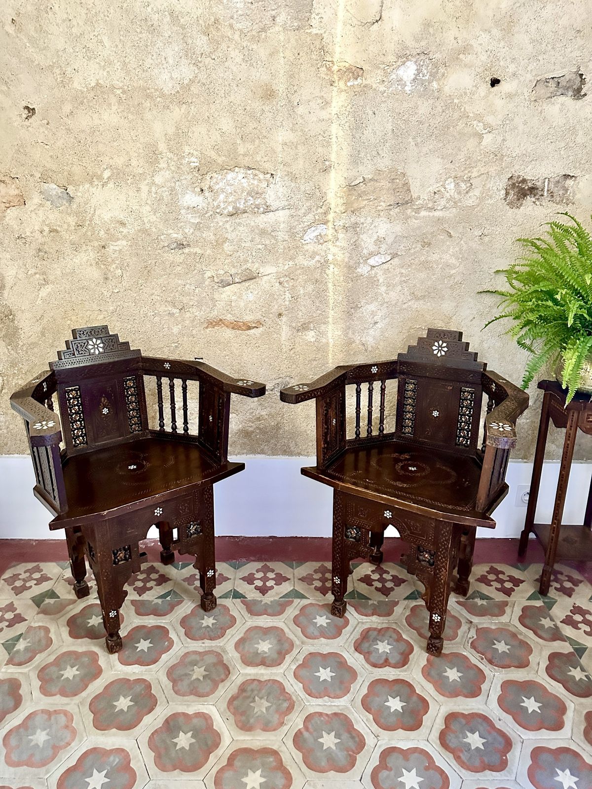 Pair Of Syrian Mother Of Pearl Inlaid Armchairs