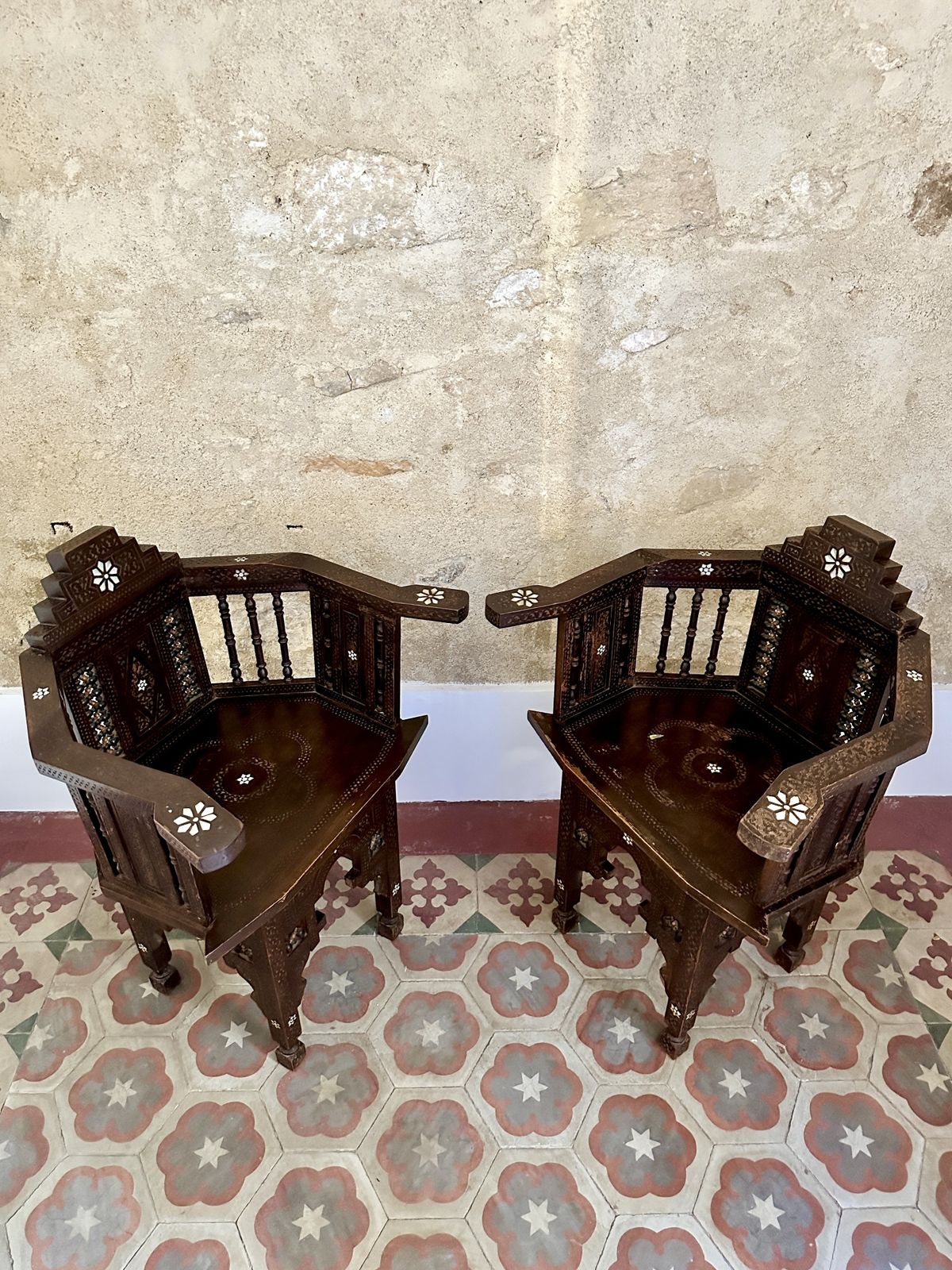 Pair Of Syrian Mother Of Pearl Inlaid Armchairs photo for sale