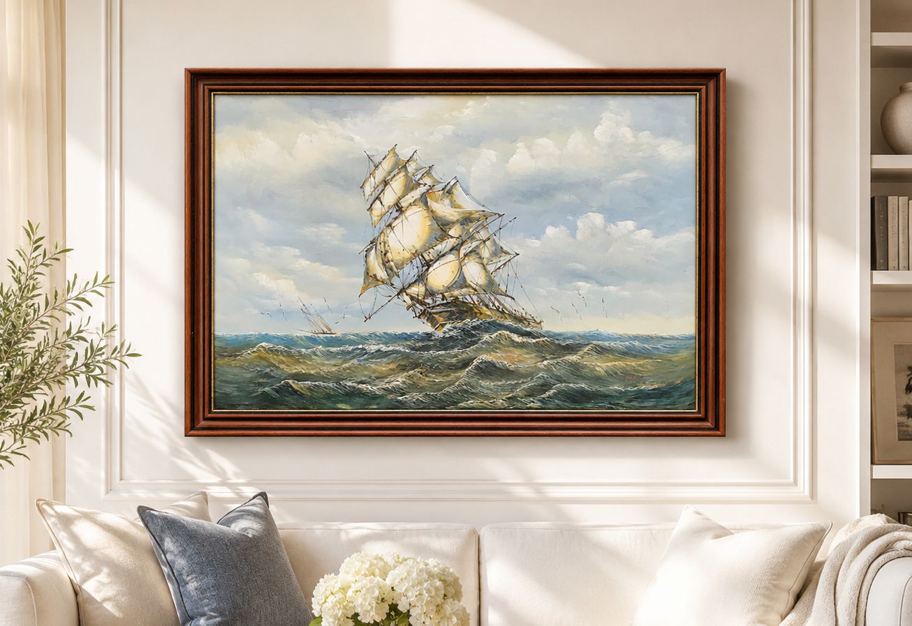John Ambrose (1931–2010) Large Marine Rough Seas Ship Seascape Oil Painting photo furniture