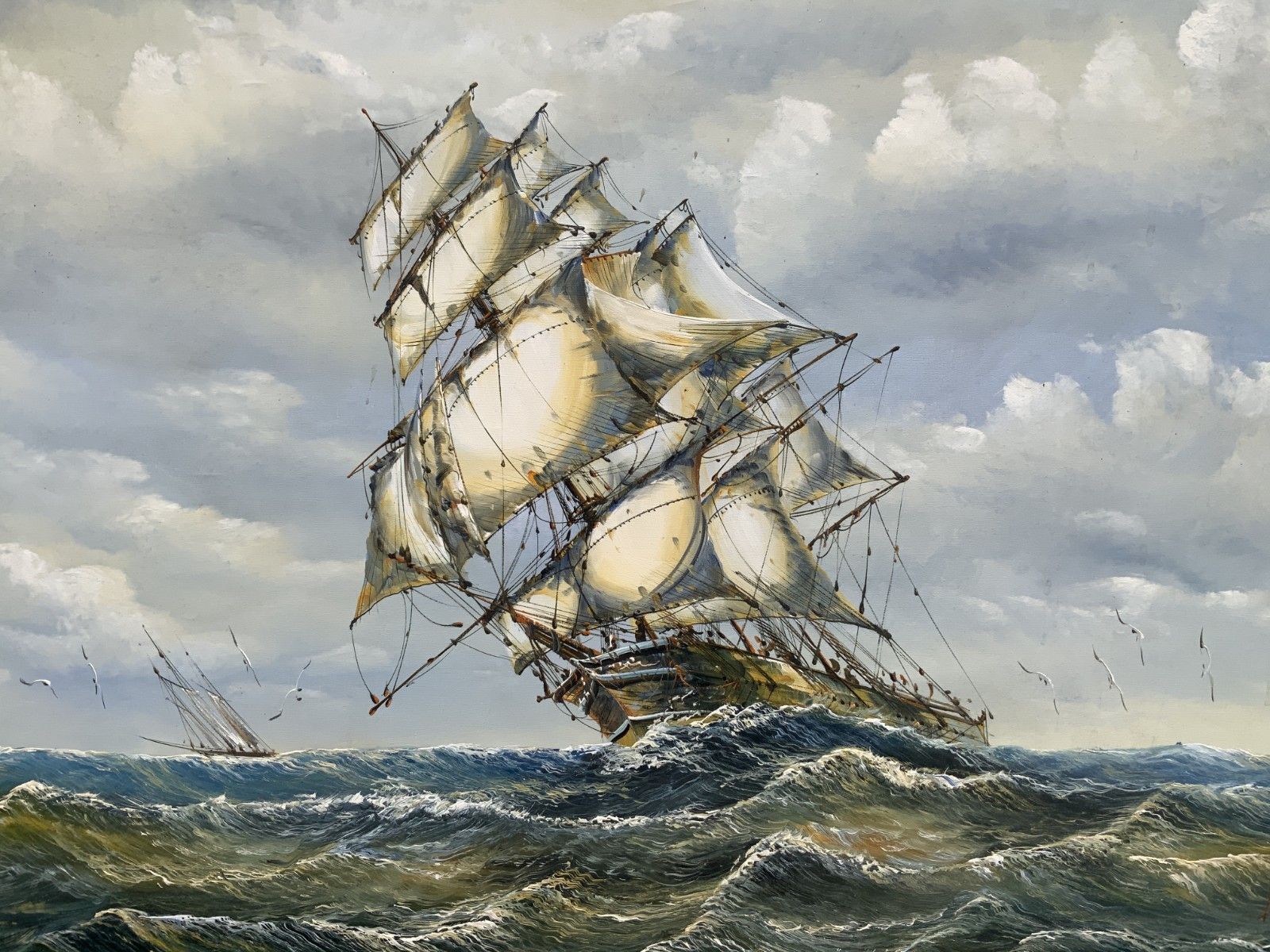 John Ambrose (1931–2010) Large Marine Rough Seas Ship Seascape Oil Painting photo Art