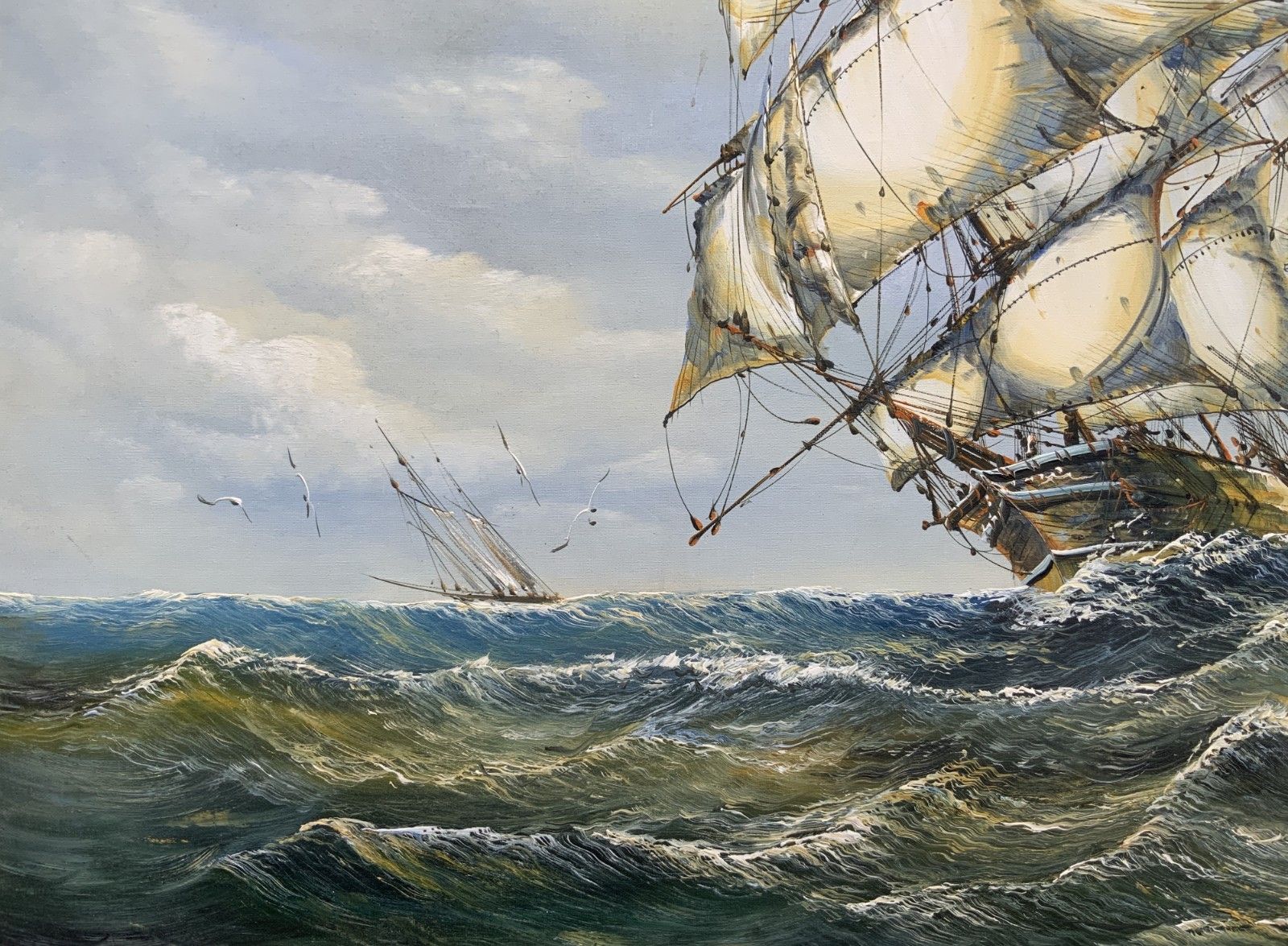 John Ambrose (1931–2010) Large Marine Rough Seas Ship Seascape Oil Painting photo vintage