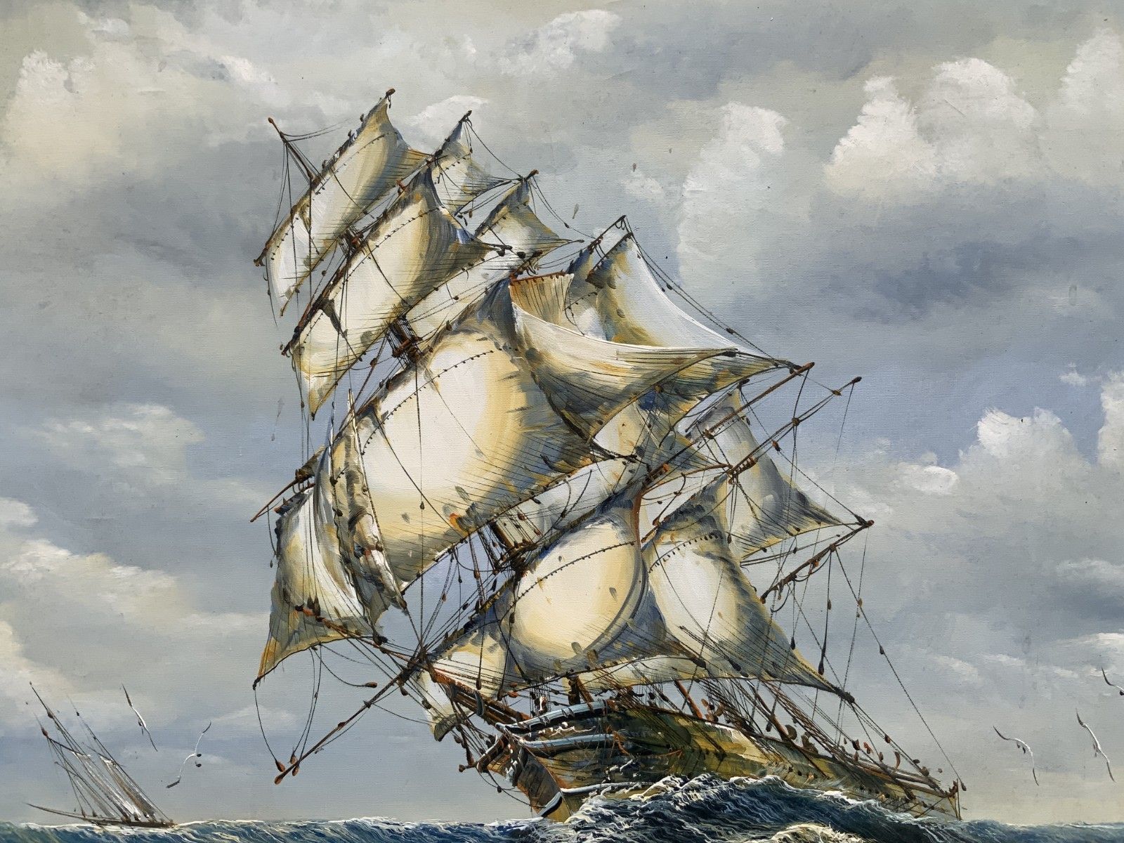 photo furniture John Ambrose (1931–2010) Large Marine Rough Seas Ship Seascape Oil Painting