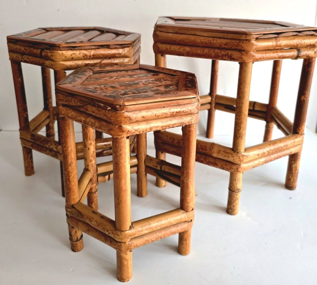 A Set Of Three Antique French Tiger Bamboo Nesting Tables.