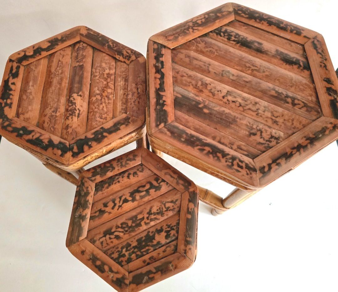 A Set Of Three Antique French Tiger Bamboo Nesting Tables. photo Furniture