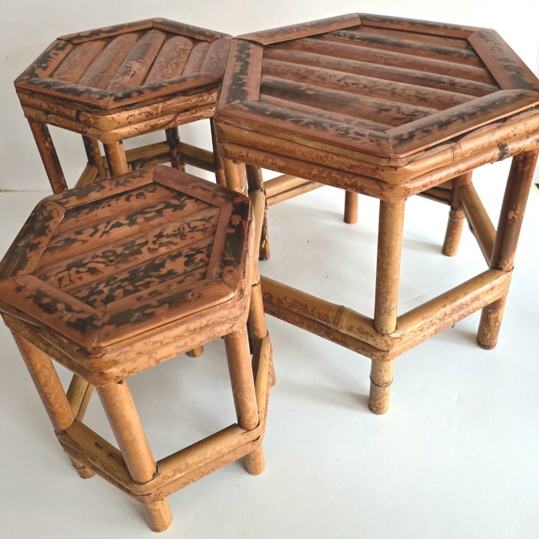 A Set Of Three Antique French Tiger Bamboo Nesting Tables. photo vinterior