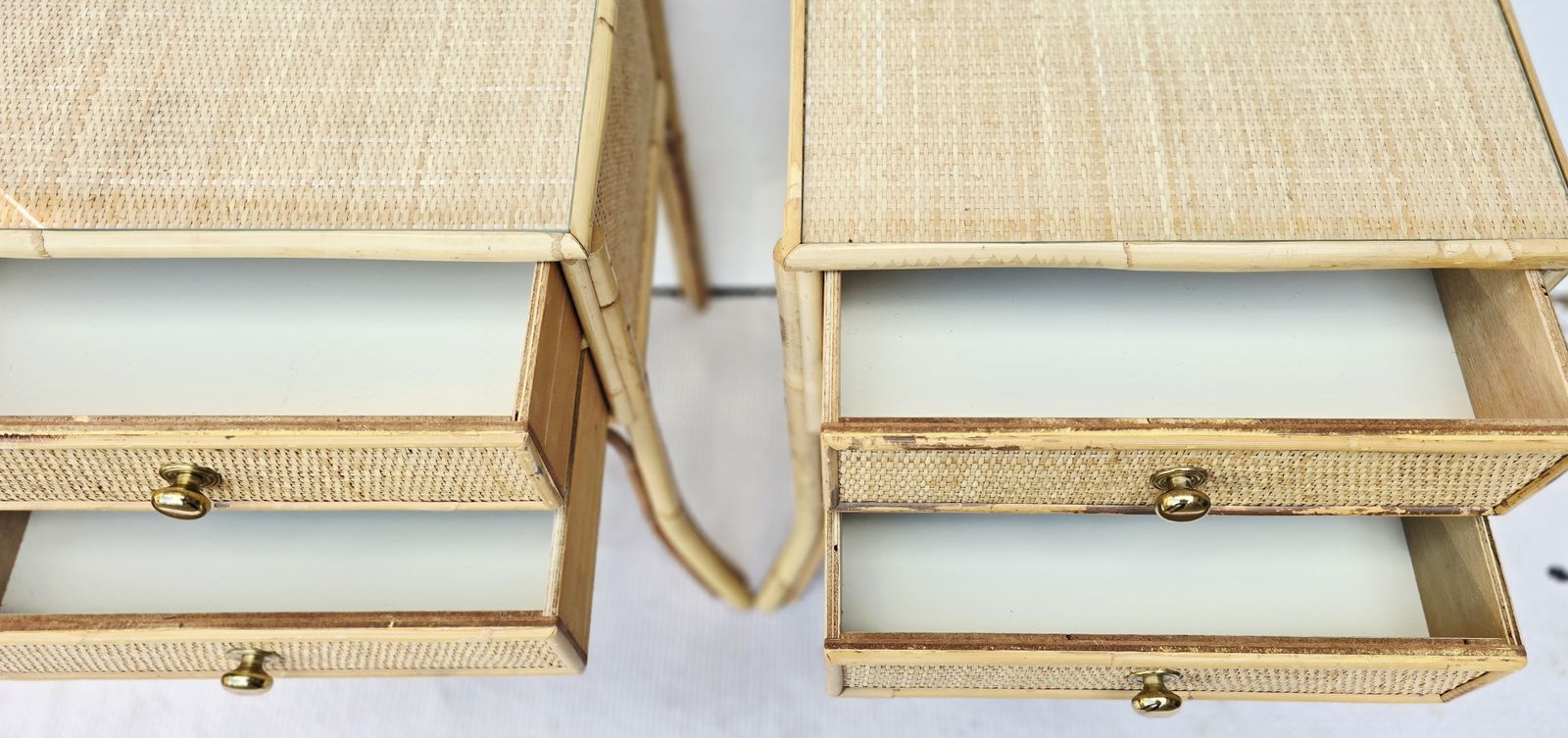 photo furniture A Pair Of Mid Century Angraves Bamboo Bedside Tables With Glass Tops.