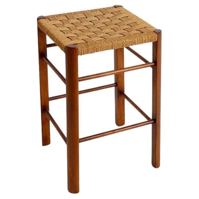 Mid Century Modern Wood And Rope Stool, Vintage Design, Circa 1960