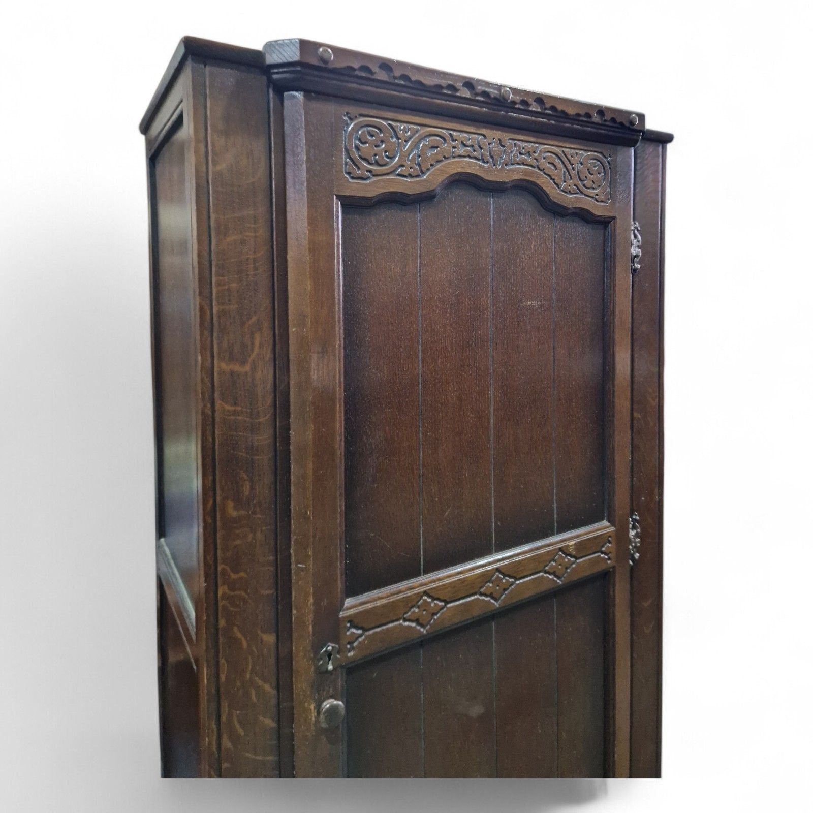Carved Oak Fitted Wardrobe – Small Antique Vintage Single Robe Hall Cupboard photo buy