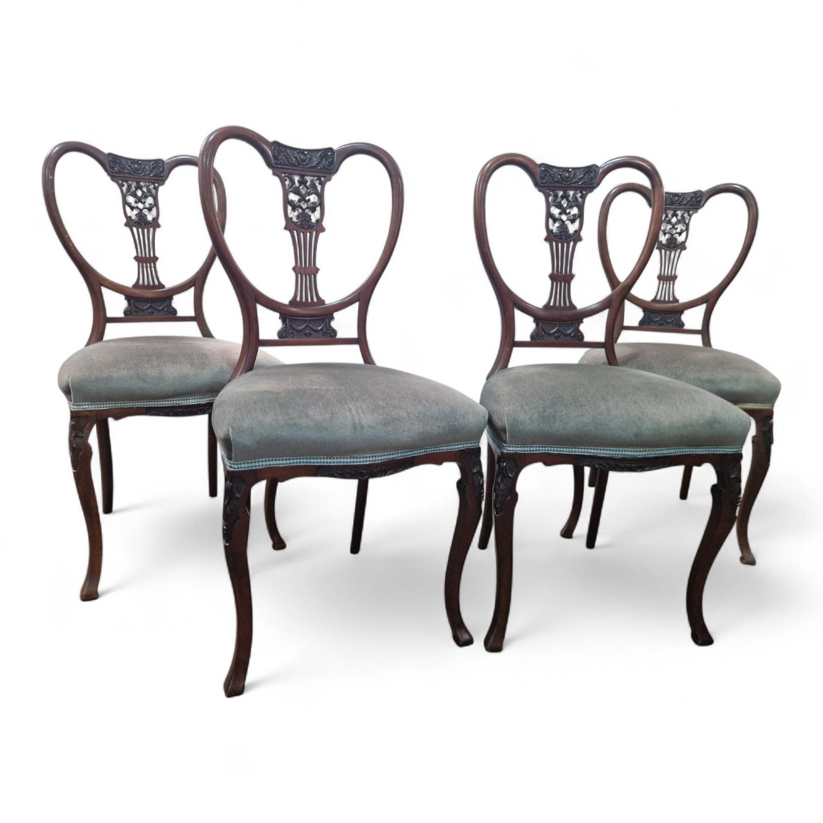 Set 4 Victorian Mahogany Dining Chairs Carved Balloon Back Blue Upholstery photo for sale
