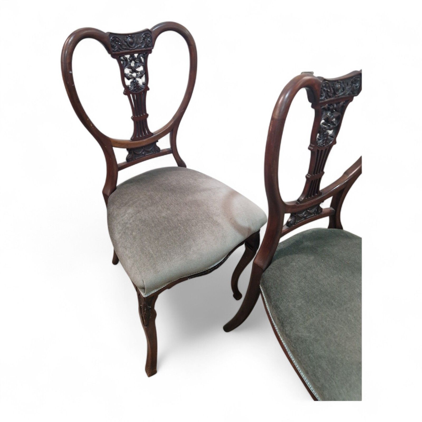 Set 4 Victorian Mahogany Dining Chairs Carved Balloon Back Blue Upholstery photo Furniture