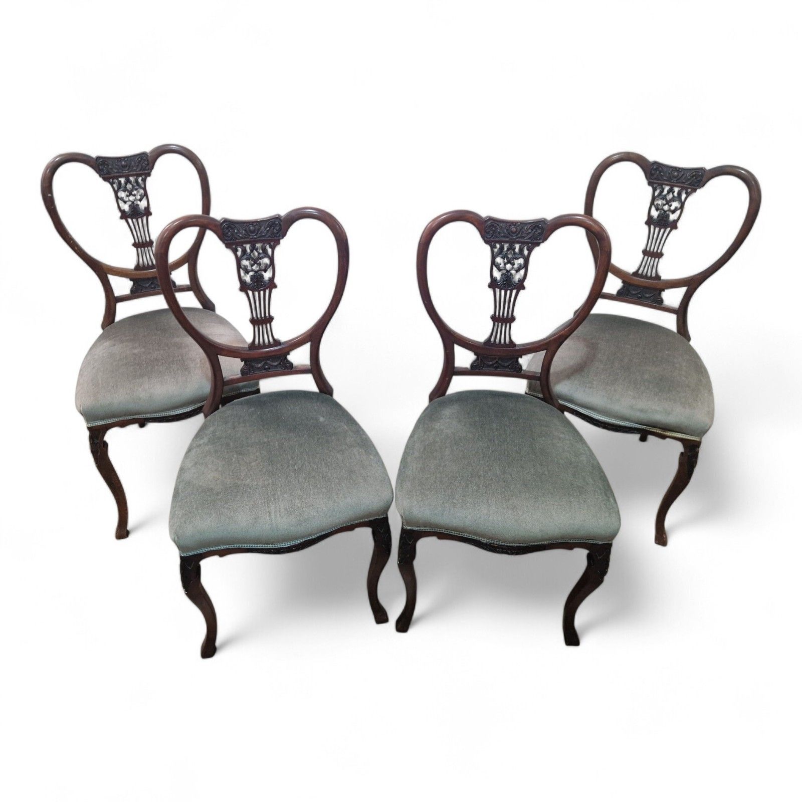 Set 4 Victorian Mahogany Dining Chairs Carved Balloon Back Blue Upholstery photo 225.0