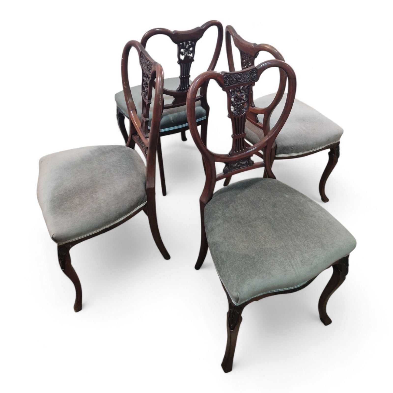 Set 4 Victorian Mahogany Dining Chairs Carved Balloon Back Blue Upholstery photo buy