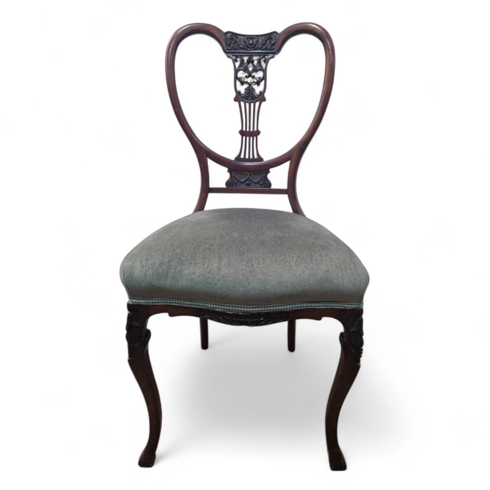 photo furniture Set 4 Victorian Mahogany Dining Chairs Carved Balloon Back Blue Upholstery
