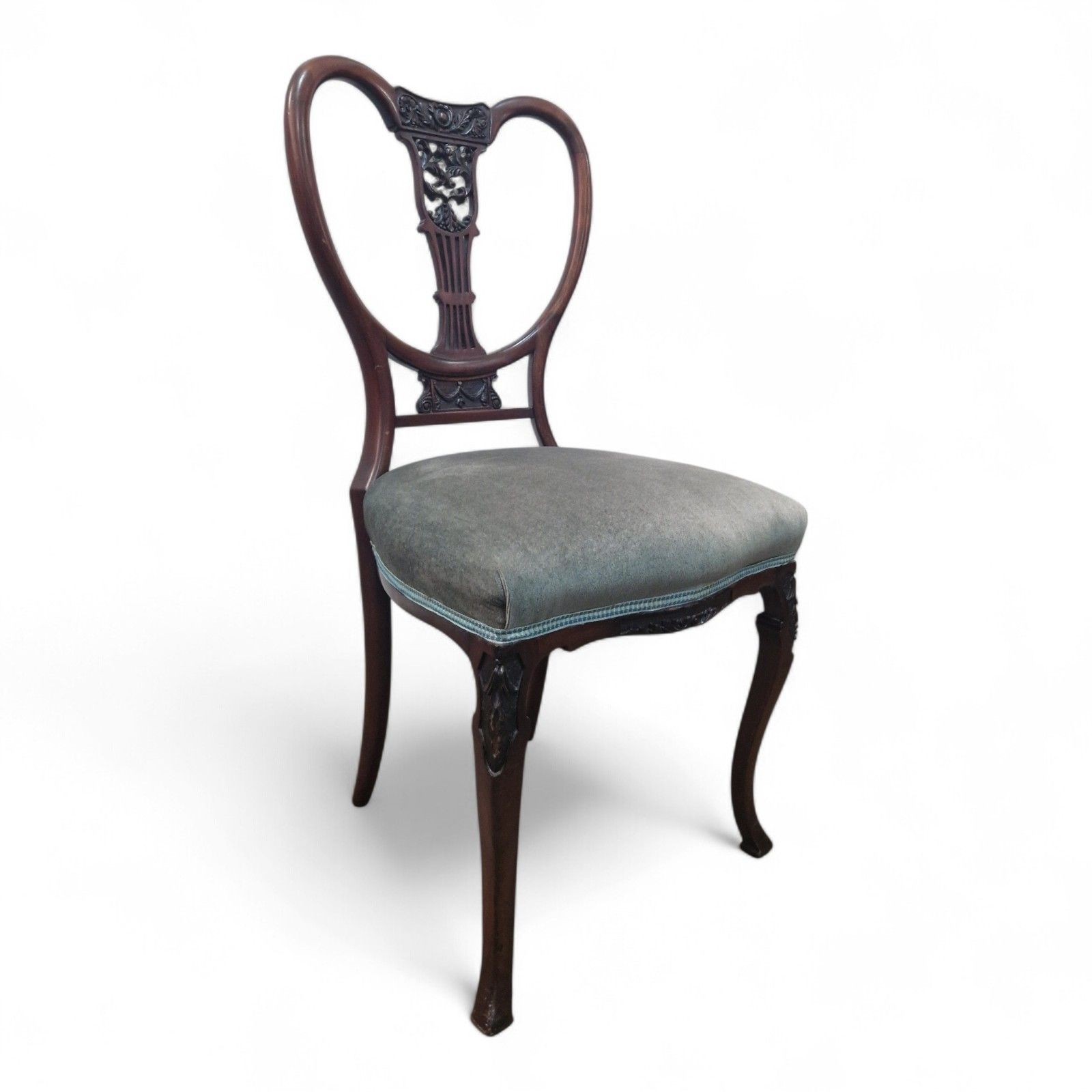 photo for sale Set 4 Victorian Mahogany Dining Chairs Carved Balloon Back Blue Upholstery
