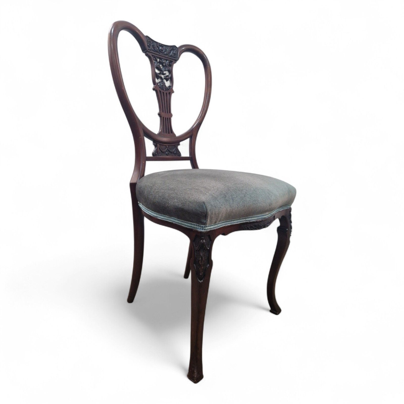 photo buy Set 4 Victorian Mahogany Dining Chairs Carved Balloon Back Blue Upholstery