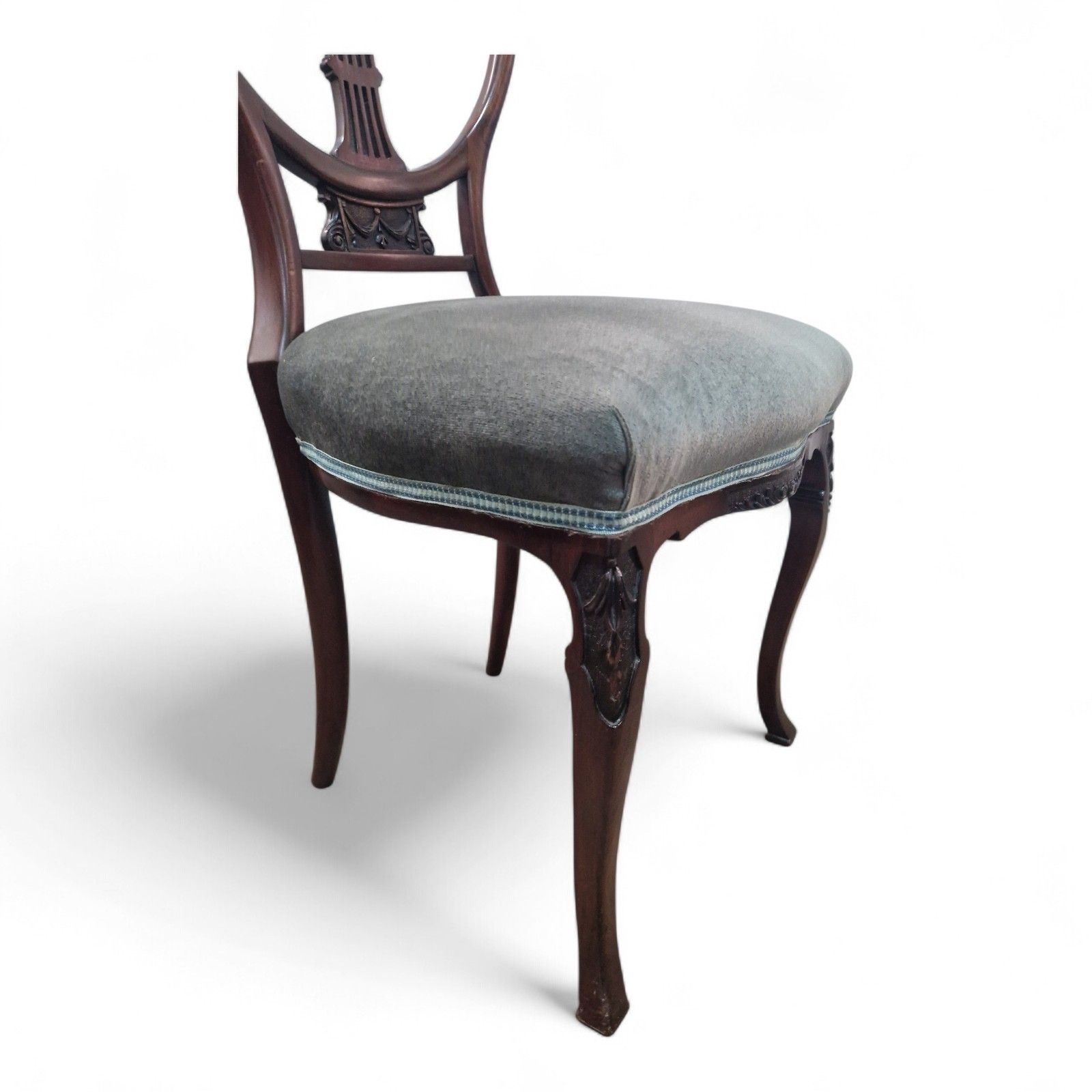 photo vintage Set 4 Victorian Mahogany Dining Chairs Carved Balloon Back Blue Upholstery