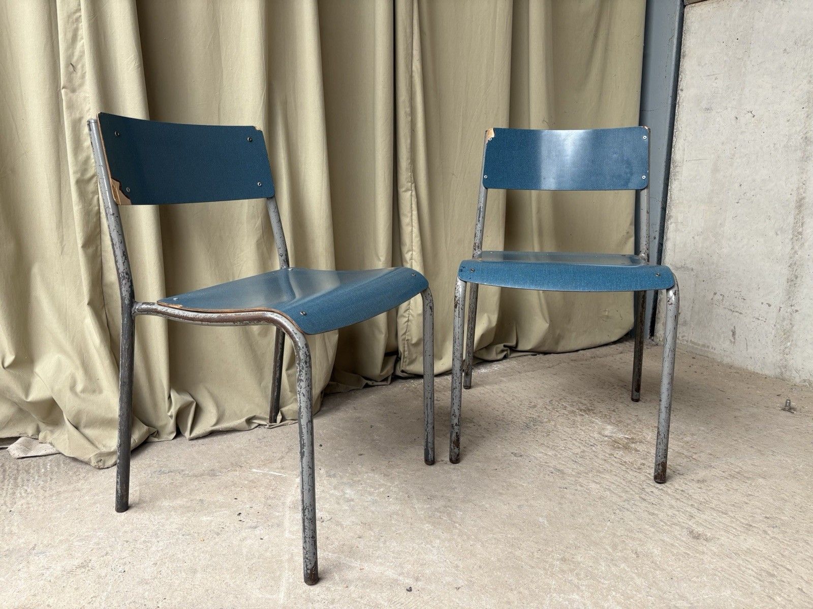 Vtg Mid Century Industrial Metal Set Of 2 Stacking Dining Chairs Retro R1195 photo furniture