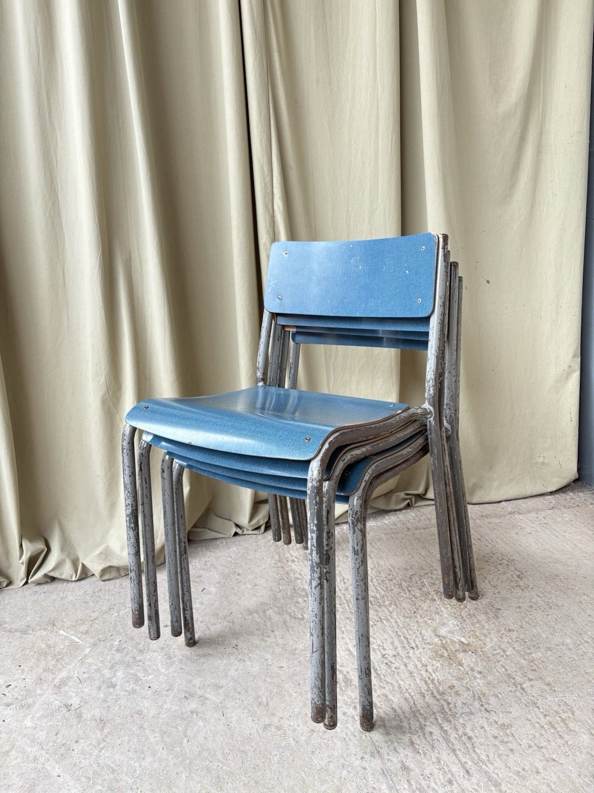 Vtg Mid Century Industrial Metal Set Of 4 Stacking Dining Chairs Retro R1194 photo furniture