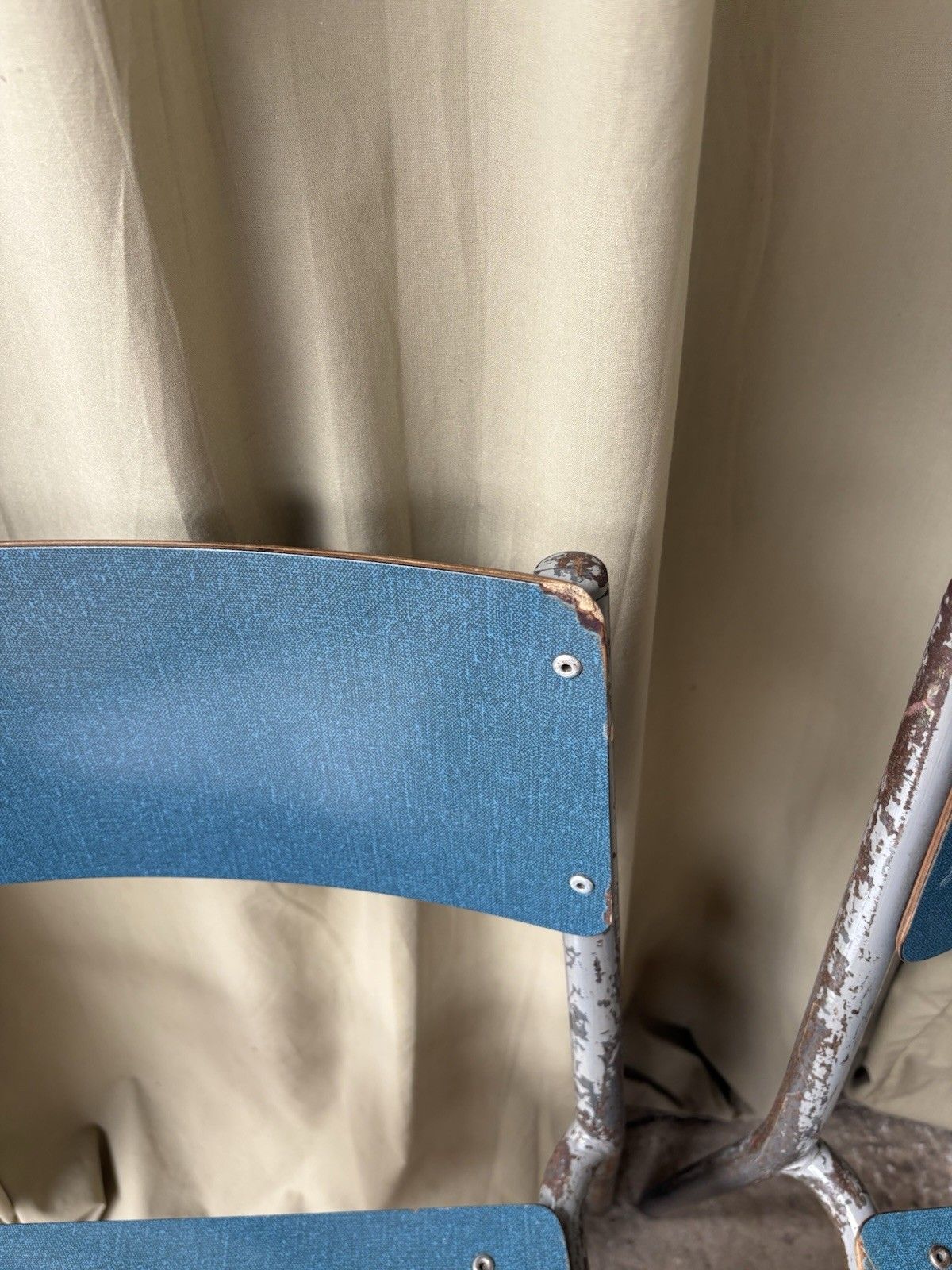 photo for sale Vtg Mid Century Industrial Metal Set Of 4 Stacking Dining Chairs Retro R1194