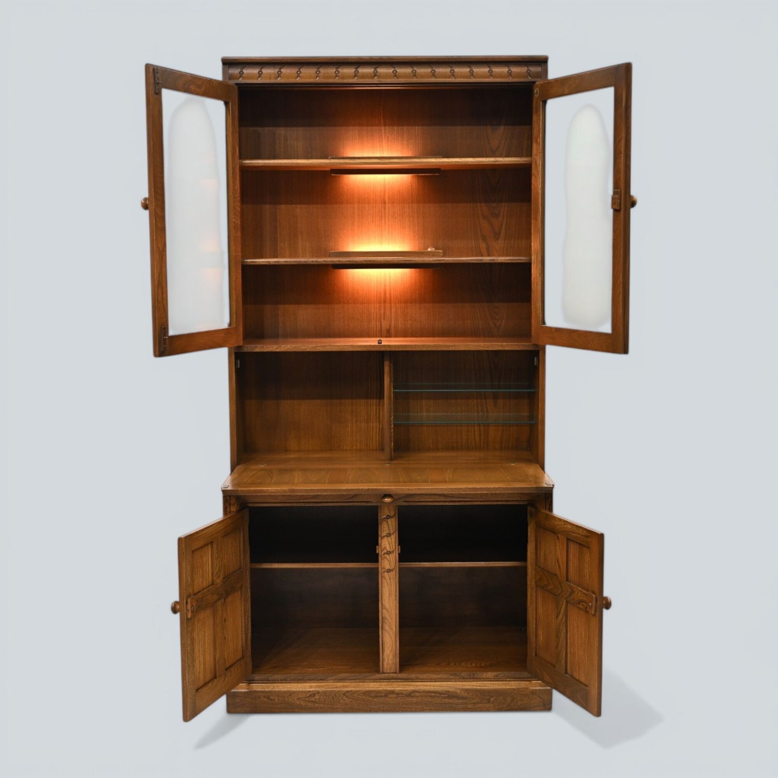 photo vinterior Ercol Mural Wall Unit Display/Drinks Cabinet Golden Dawn Finish Free Uk Delivery
