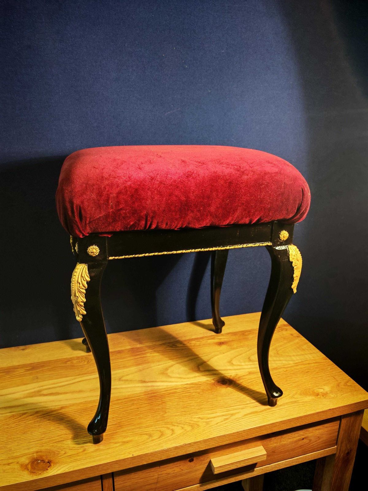 Vintage Refurbished French Style Vanity Stool. Burgundy Velvet. Black Satinwood & Gold Embellishments Rococo   Very Good Condition 54cm Tall