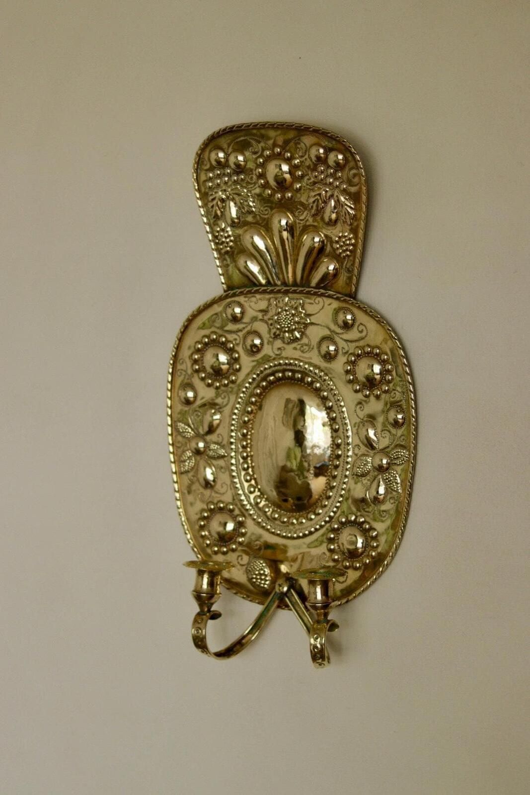Pair Large Baroque Style Mid Century Swedish Brass Sconces photo vinterior