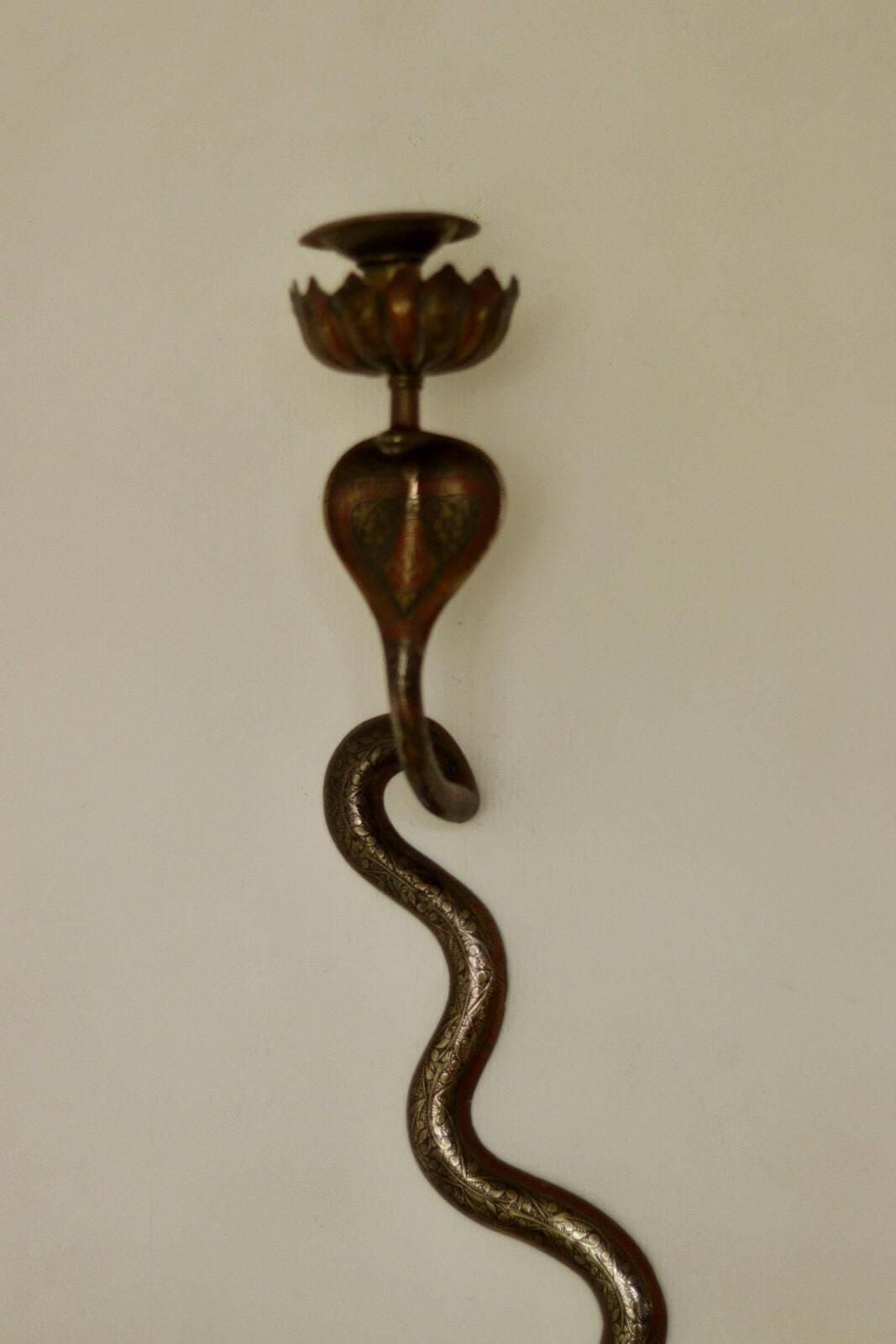 photo for sale Pair Of Egyptian Revival Style Engraved Brass Cobra Sconces