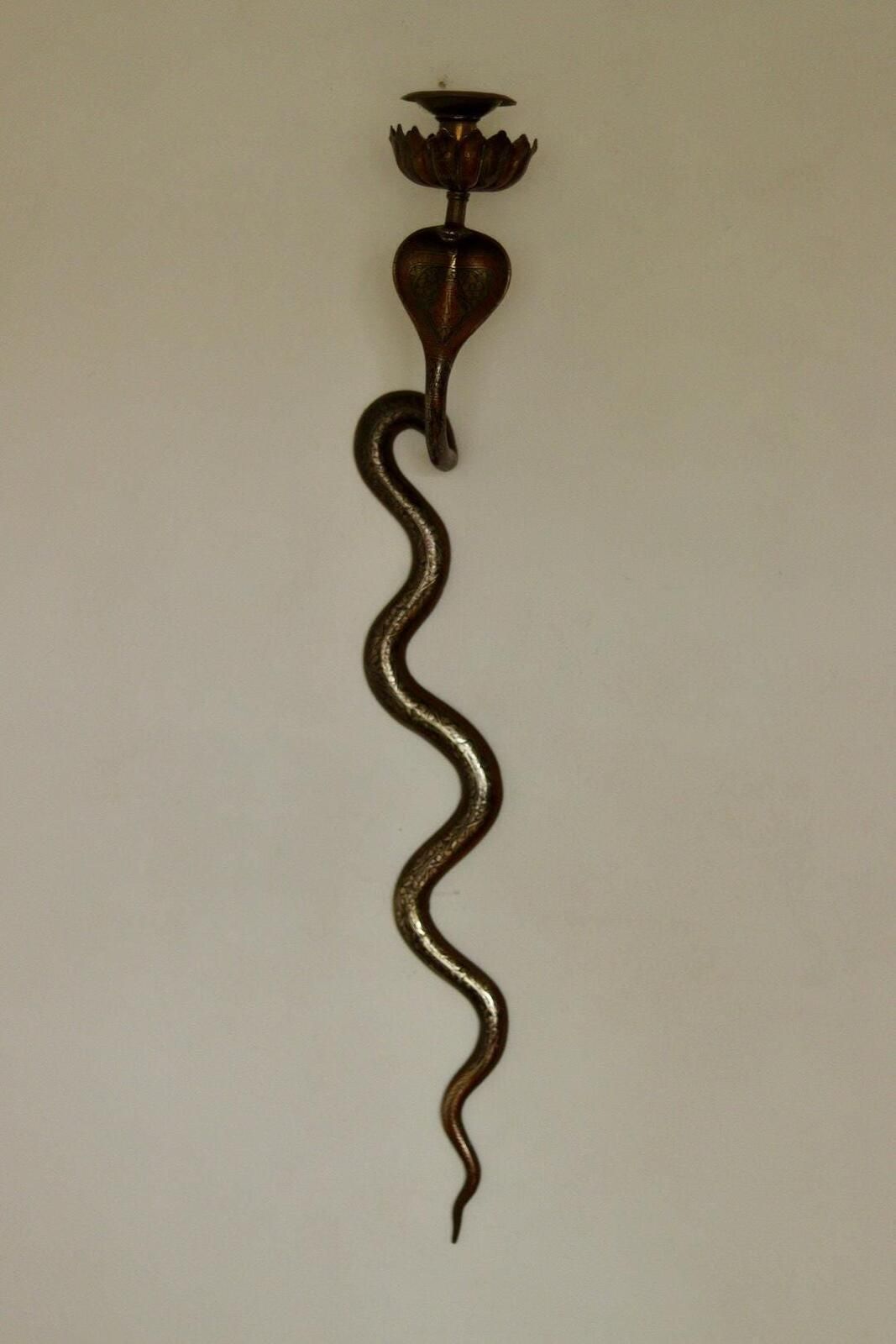 photo vintage Pair Of Egyptian Revival Style Engraved Brass Cobra Sconces
