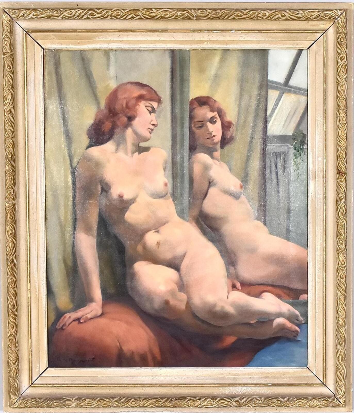 Original French Oil On Canvas – Sittande Kvinna Vid Spegel – Philippe De Rougemont (1891–1965) – Vintage & Framed 95 × 80 Cm (37.4" × 31.5") photo for sale