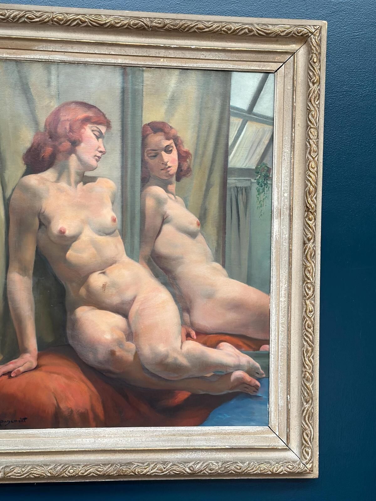 Original French Oil On Canvas – Sittande Kvinna Vid Spegel – Philippe De Rougemont (1891–1965) – Vintage & Framed 95 × 80 Cm (37.4" × 31.5") photo vintage