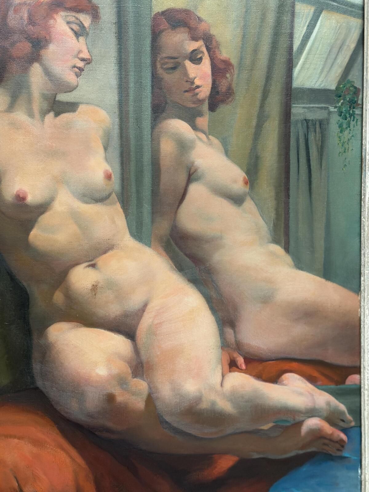 Art Original French Oil On Canvas – Sittande Kvinna Vid Spegel – Philippe De Rougemont (1891–1965) – Vintage & Framed 95 × 80 Cm (37.4" × 31.5") photo