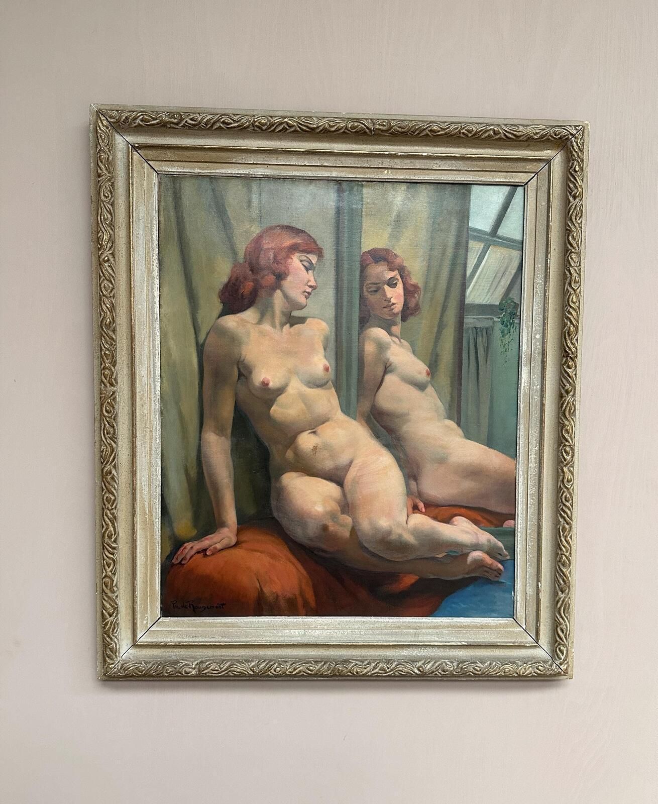 2074.0 Original French Oil On Canvas – Sittande Kvinna Vid Spegel – Philippe De Rougemont (1891–1965) – Vintage & Framed 95 × 80 Cm (37.4" × 31.5") photo