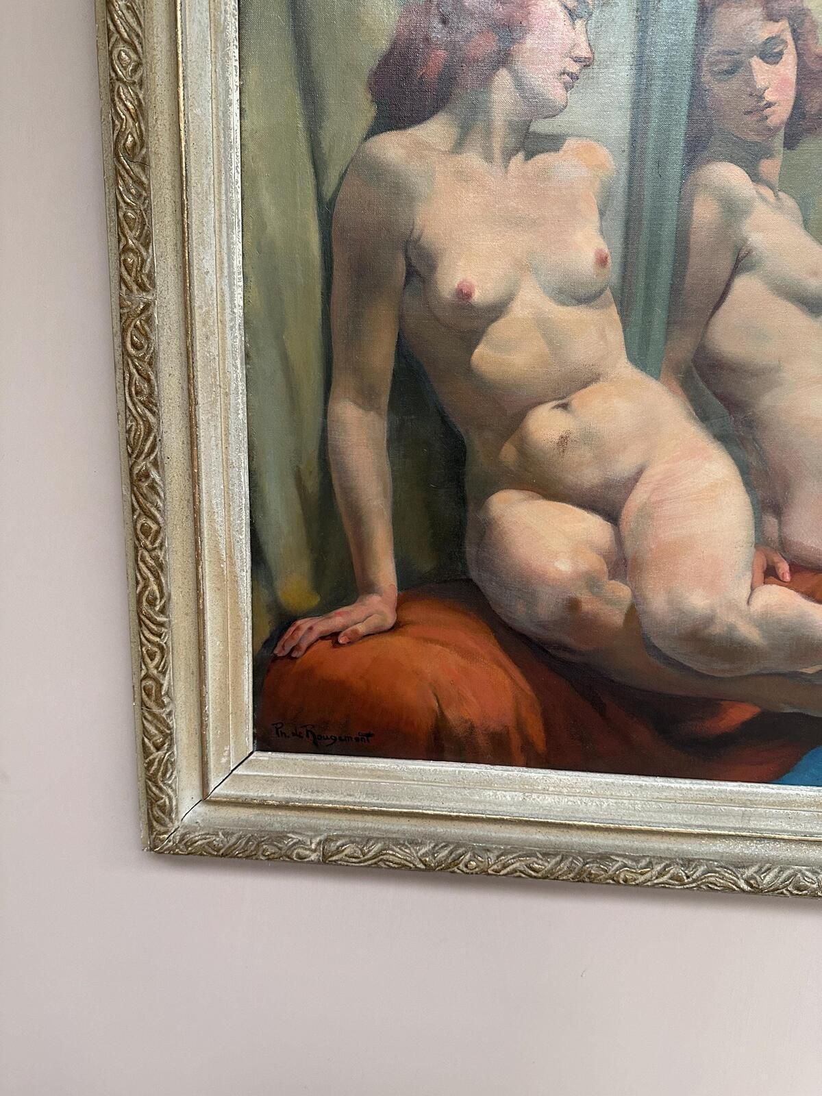 photo vintage Original French Oil On Canvas – Sittande Kvinna Vid Spegel – Philippe De Rougemont (1891–1965) – Vintage & Framed 95 × 80 Cm (37.4" × 31.5")
